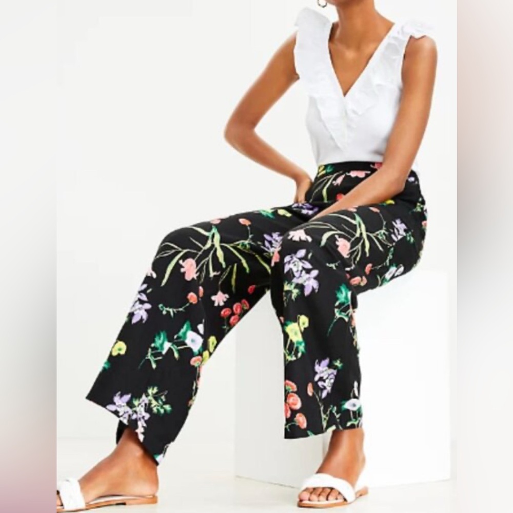 Loft Floral Linen Pants Small Petite Multicolor Wide Leg Summer Pants